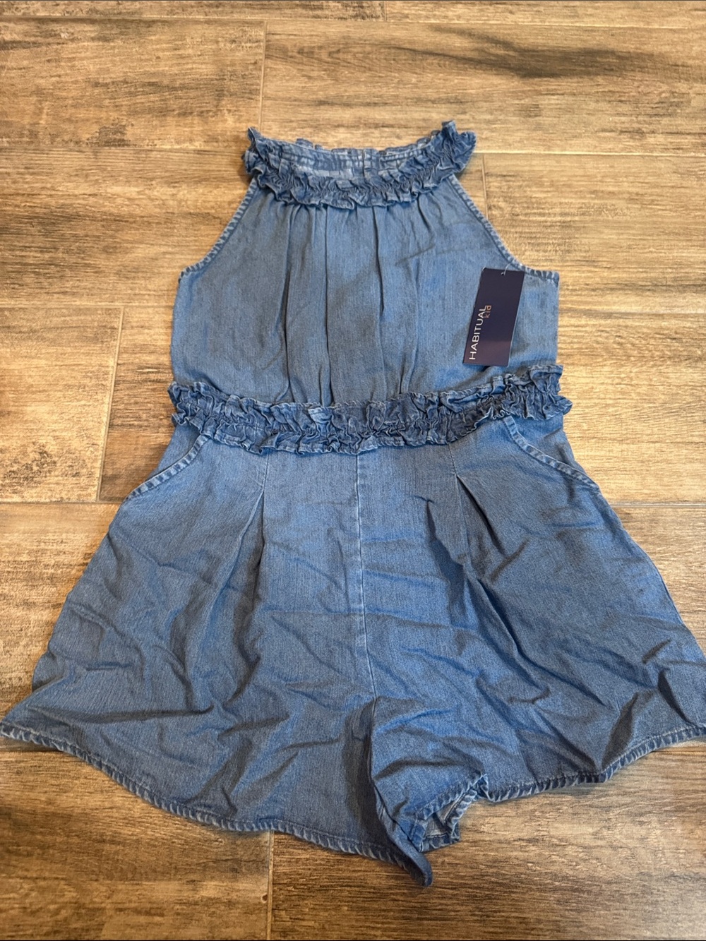 Habitual Girls' Blue Chambray Ruffle Halter Romper
